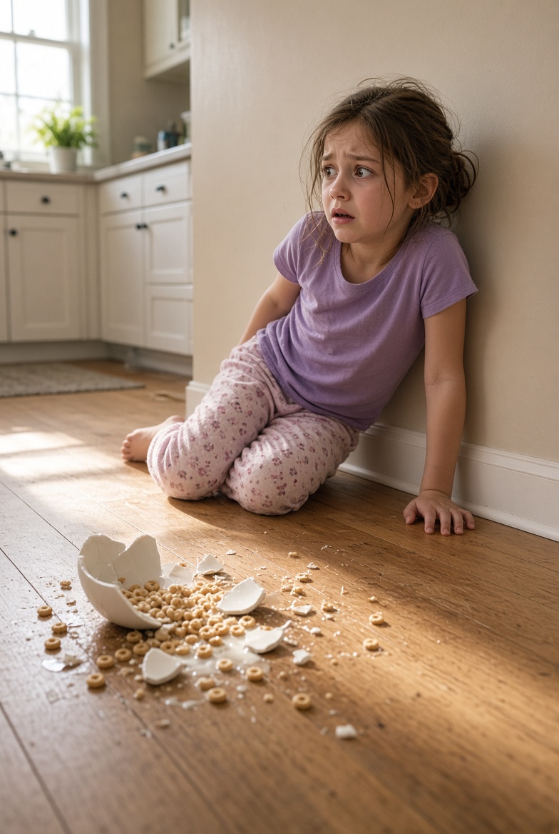 Grace crawling backward in terror, cereal bowl shattered on the floor