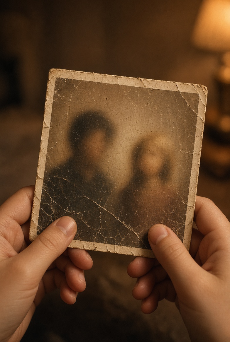 A close-up of the worn old photograph in Grace's hands