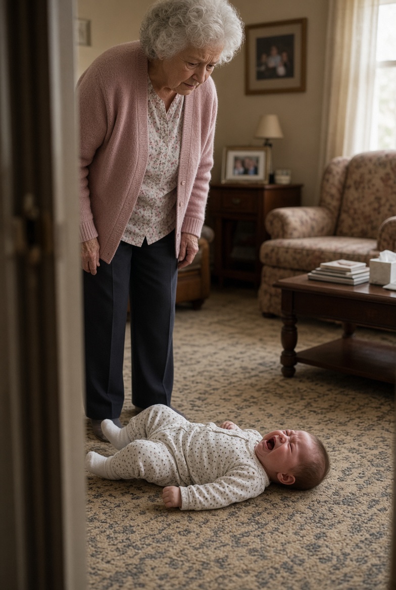 Karen standing over Owen, who is crying on the living room carpet