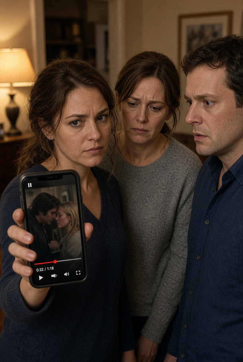 Hannah holding up the phone with the recording, Liz and Jason looking on